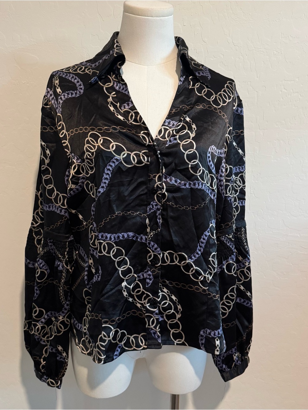 Vintage Satin chains print button down blouse